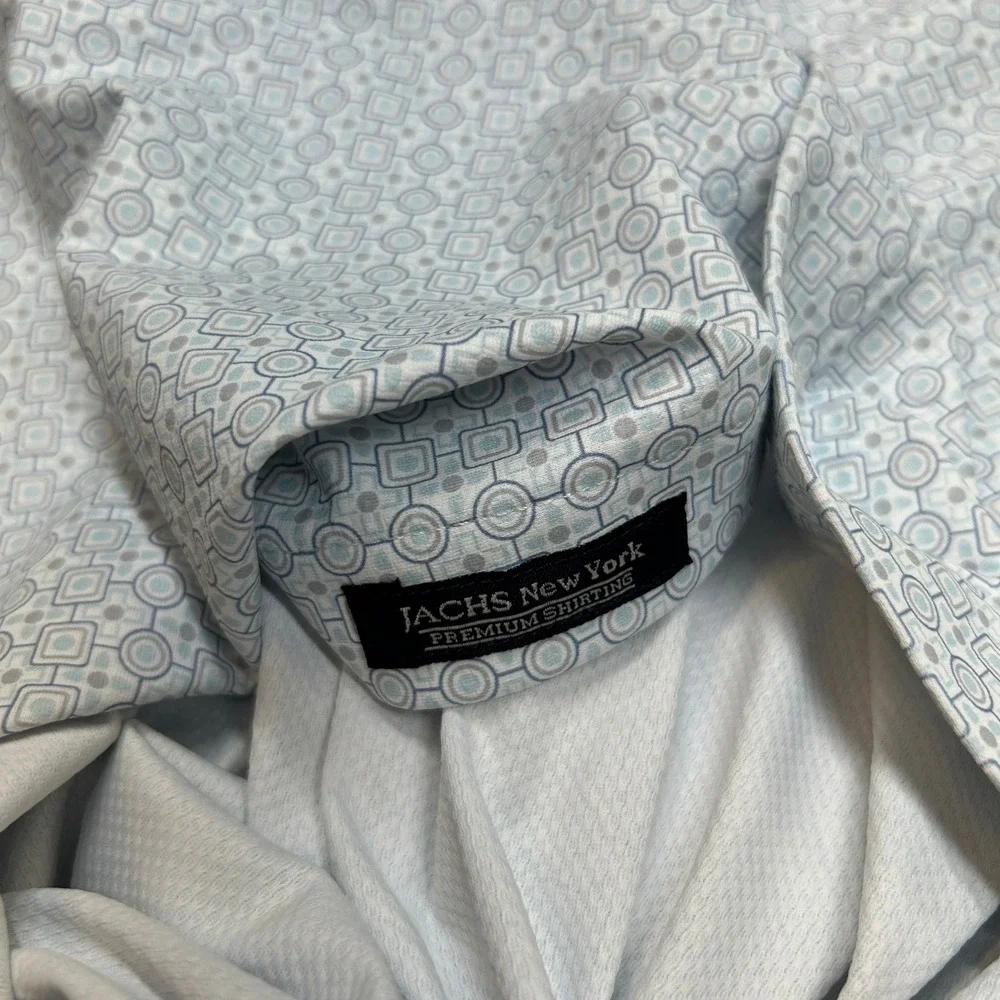 JACHS New York Shirt Mens Blue Grey Large Geometric Print Short Sleeve Button Up